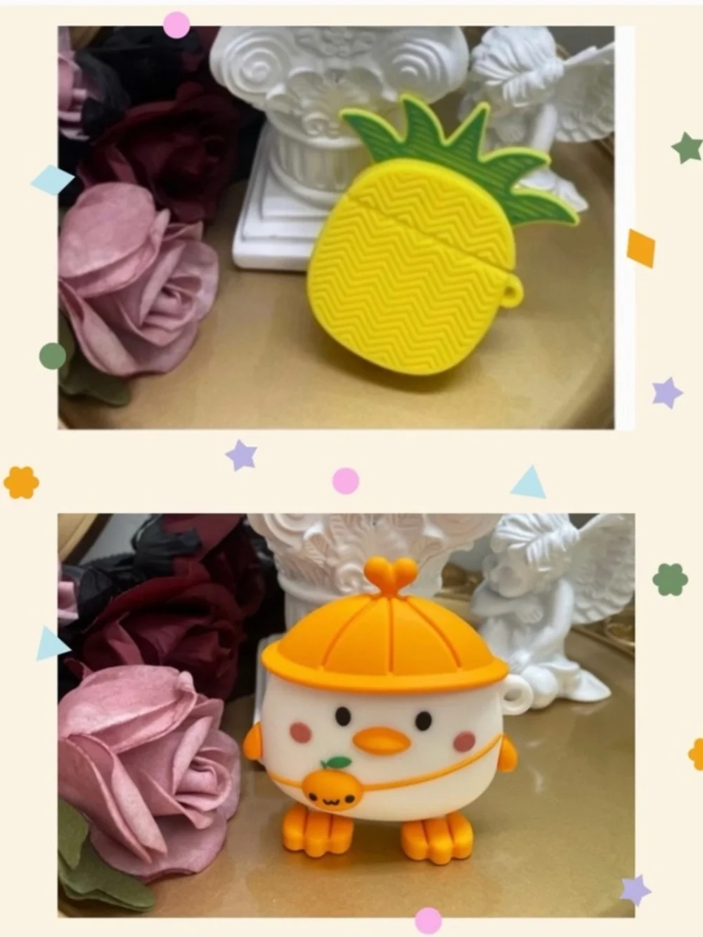 2 items.AirPods 1/2 fruit pineapple and cartoon Earphone Case Cover w/Keychain